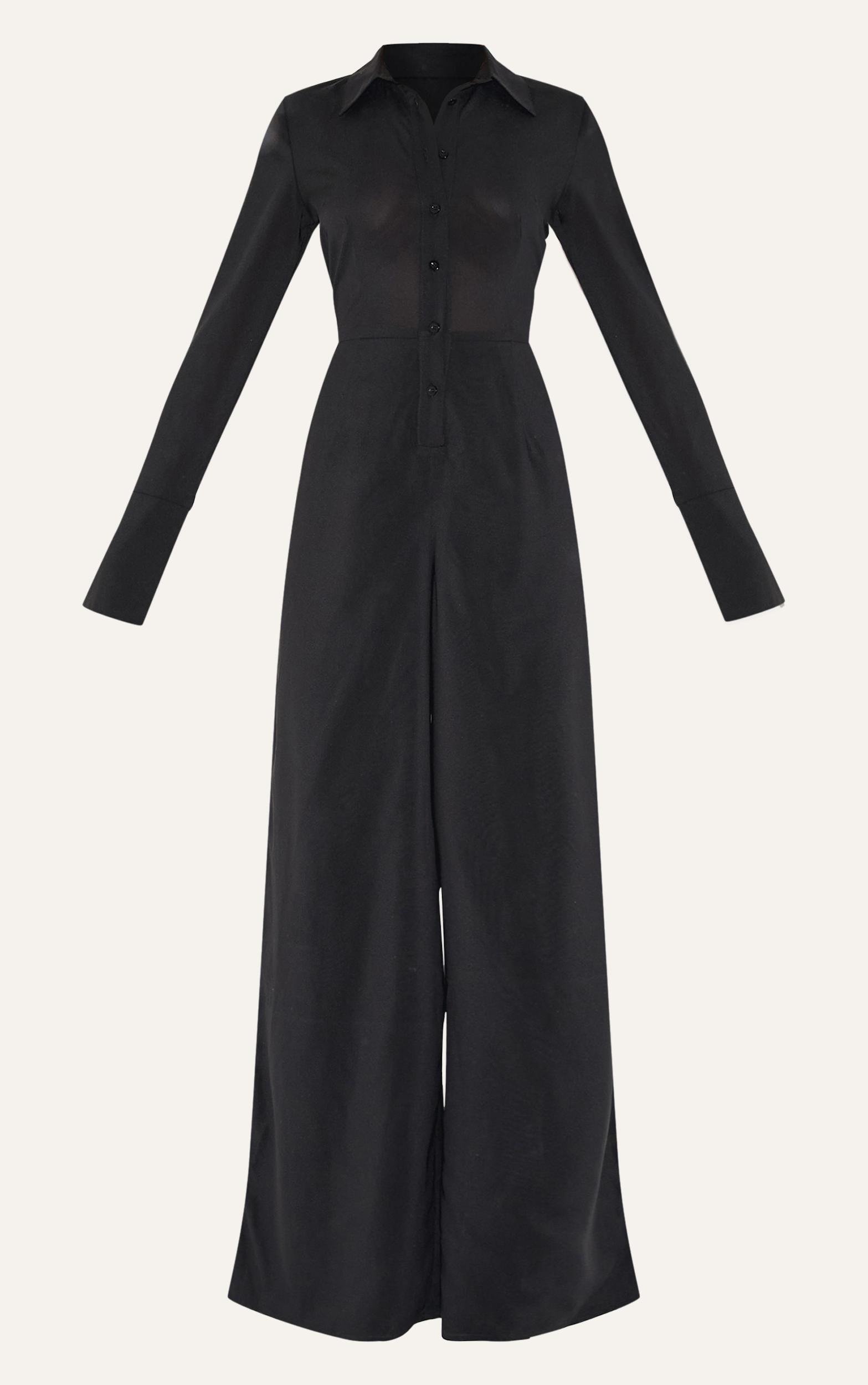  Black Chiffon Long Sleeve Cinched Wide Leg Jumpsuit Product Image