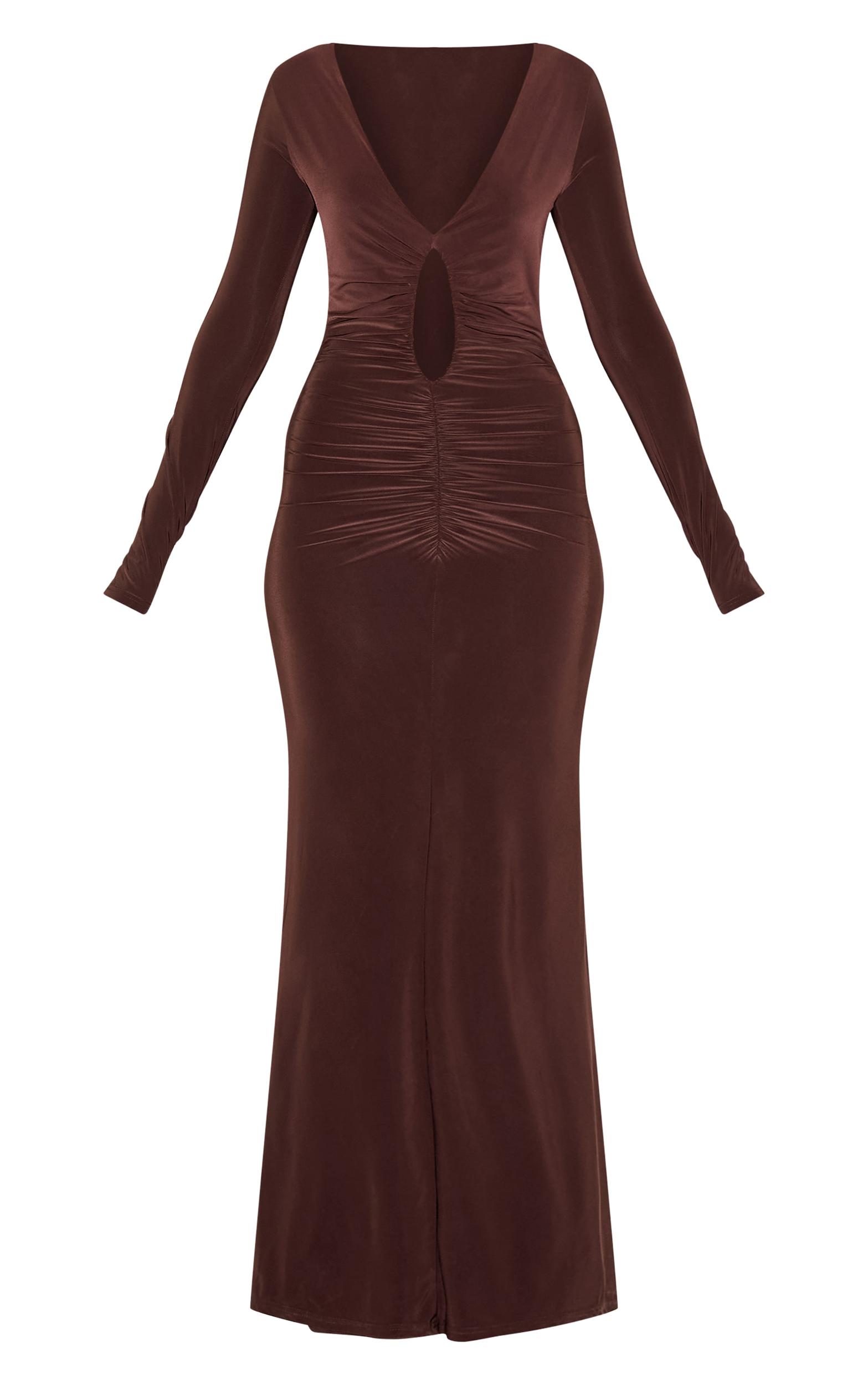 Chocolate Double Layer Plunge Ruched Maxi Dress Product Image