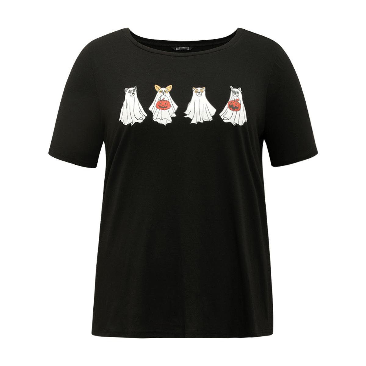 Plus Size Supersoft Essentials Halloween Print Crew Neck T-shirt Black Women Casual Printed Halloween Festival-Halloween T-shirts BloomChic 12/L Product Image
