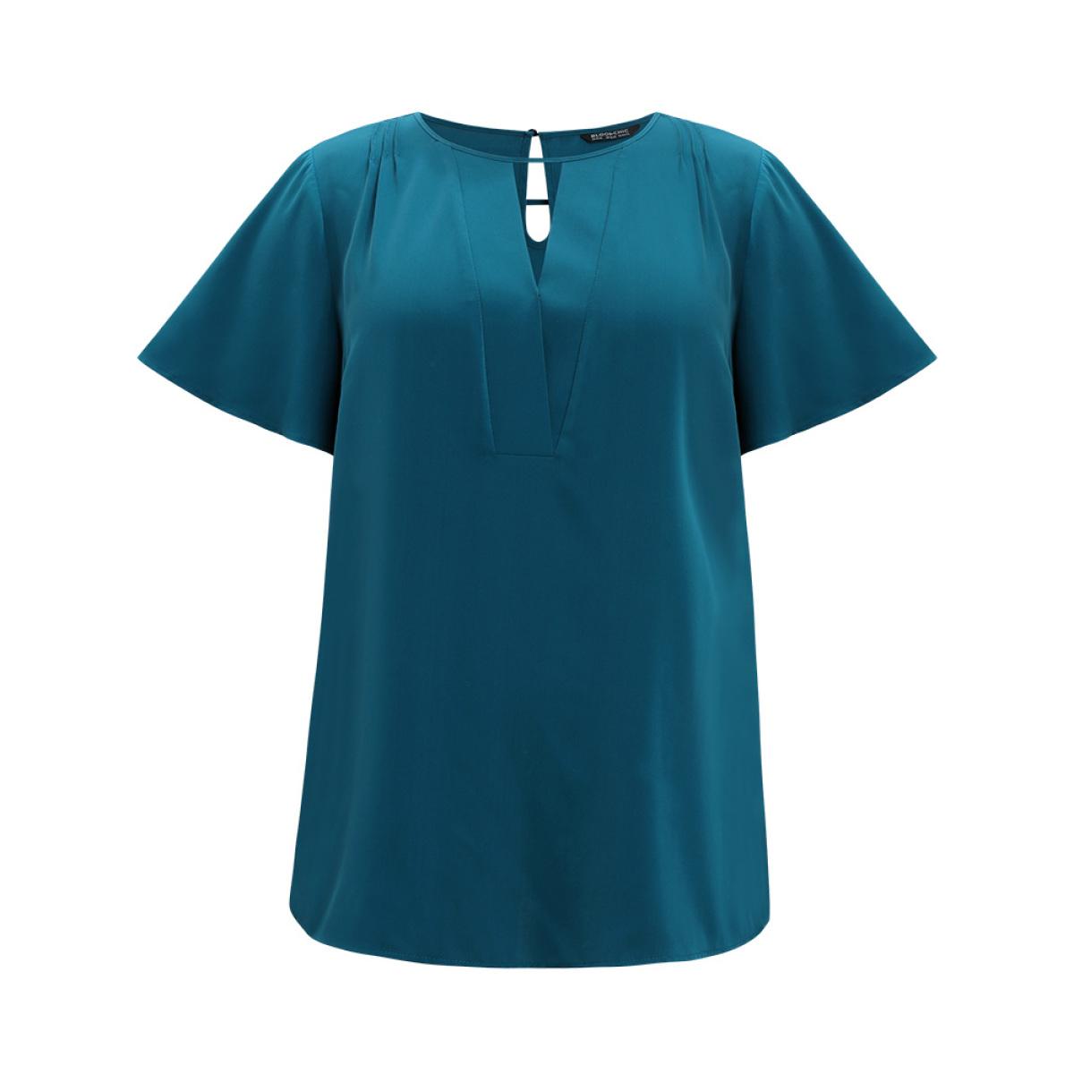 Plus Size Cyan Plain Cut Out Flutter Sleeve Pleated Blouse Women Office Short sleeve V-neck Work Blouses BloomChic 26/4X Product Image