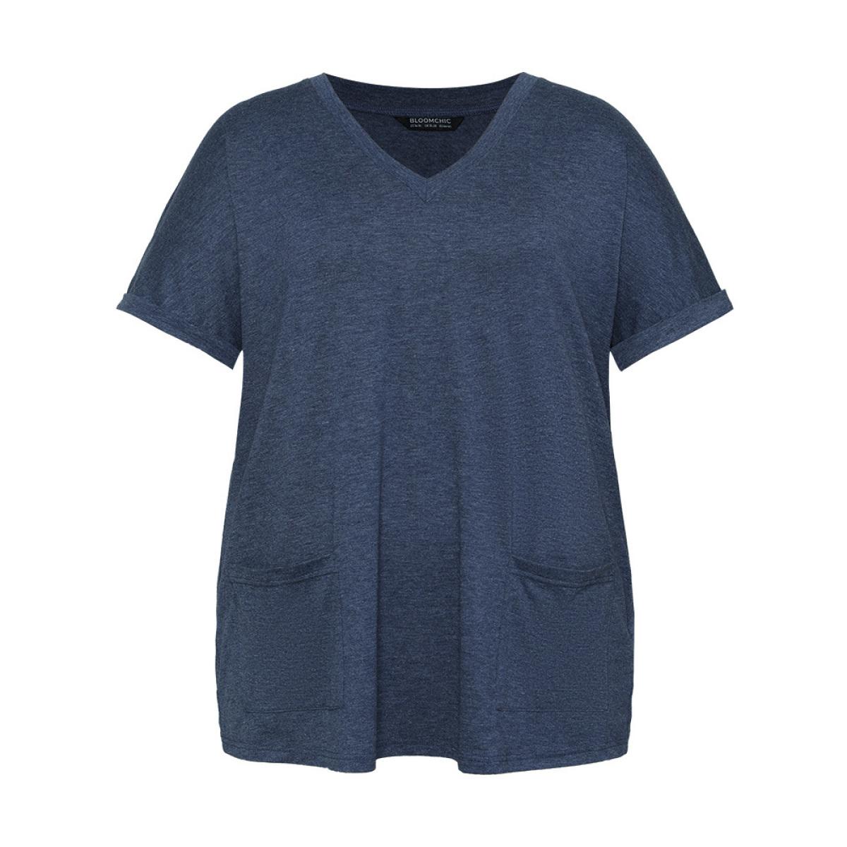 Plus Size Plain Patched Pocket Cuffed Sleeve Heather T-shirt Blue Women Casual Heather Plain V-neck Dailywear T-shirts BloomChic 28/5X Product Image