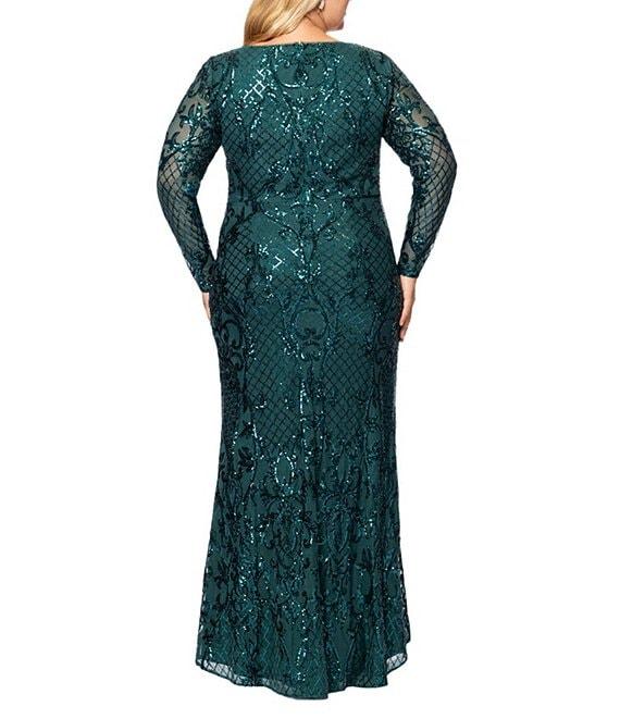 Betsy & Adam Plus Size Sequin Round Neck Long Sleeve Gown Product Image