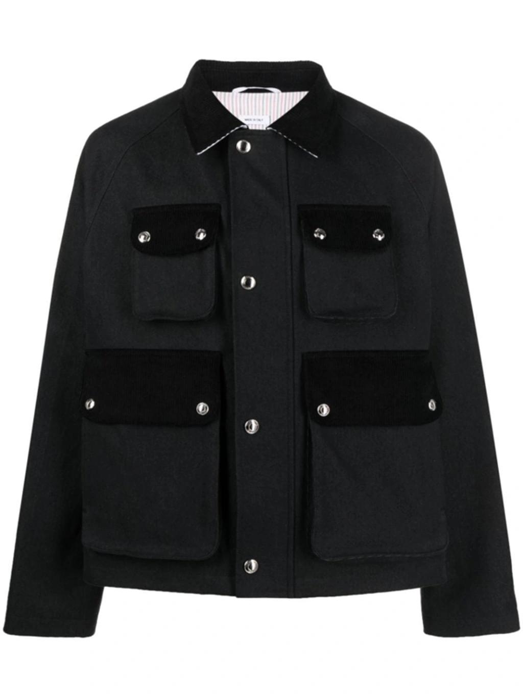 THOM BROWNE Cropped Relaxed Field Jacket Top Applied Pockets In Black Product Image