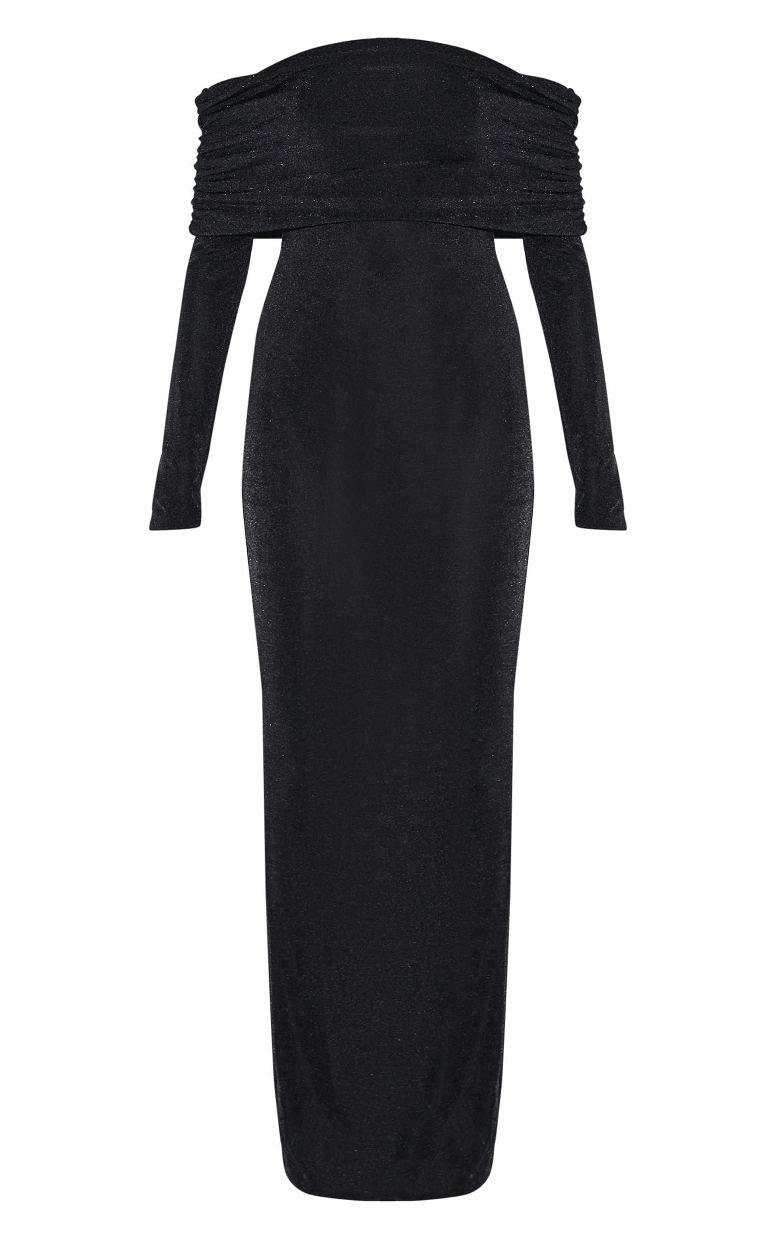 Black Acetate Slinky Bardot Long Sleeve Maxi Dress Product Image