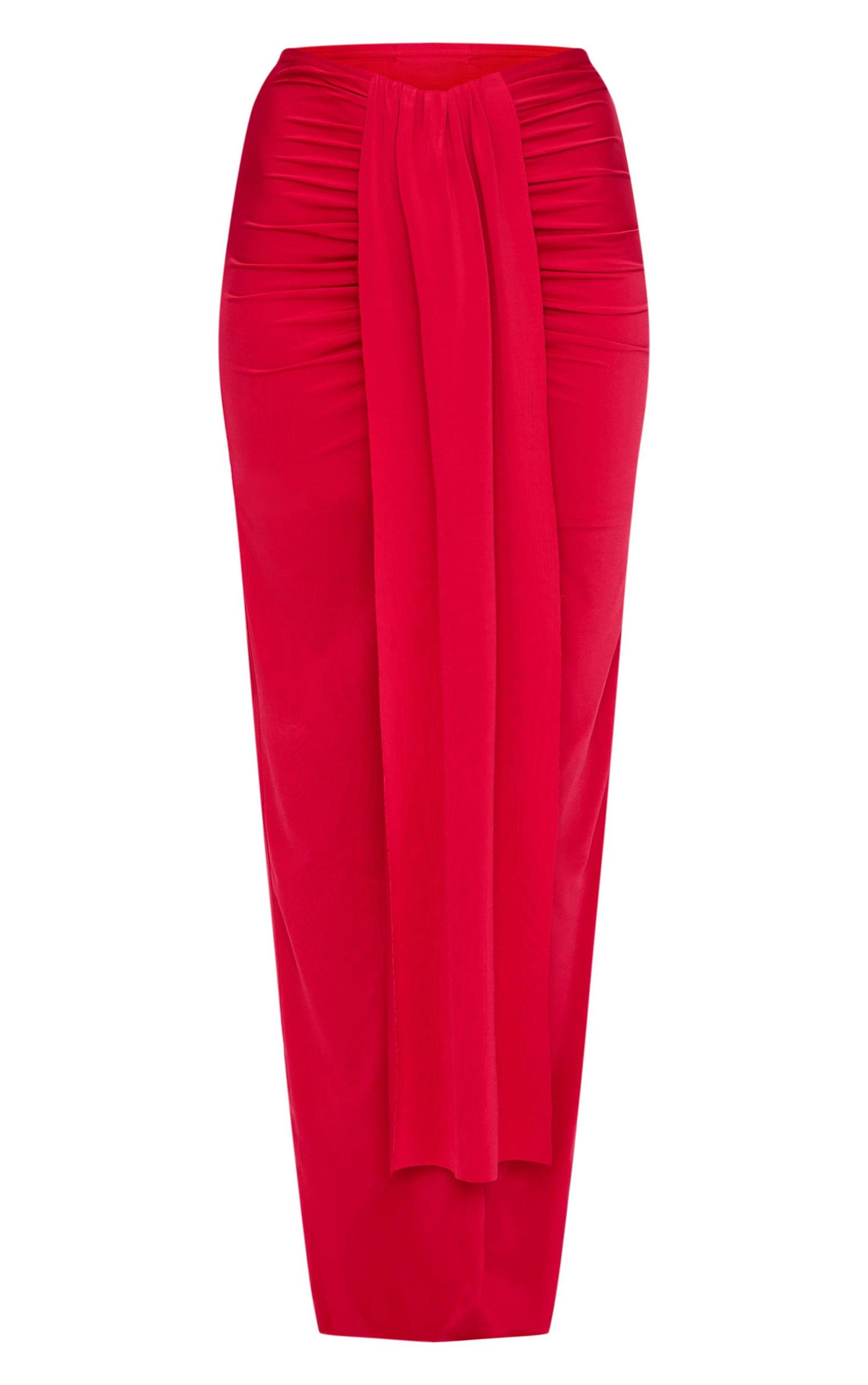 Red Slinky Drape Front Ruched Maxi Skirt Product Image