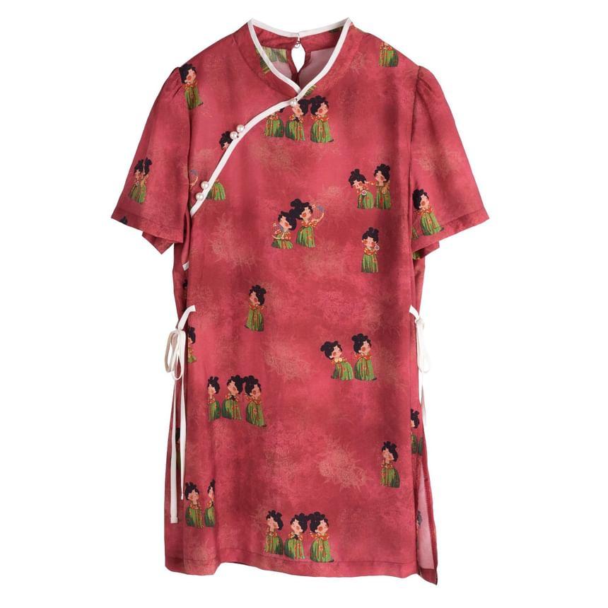 Plus Size Short-Sleeve Stand Collar Patterned Contrast Trim Tie Waist Blouse / Elastic Waist Wide Leg Shorts Product Image