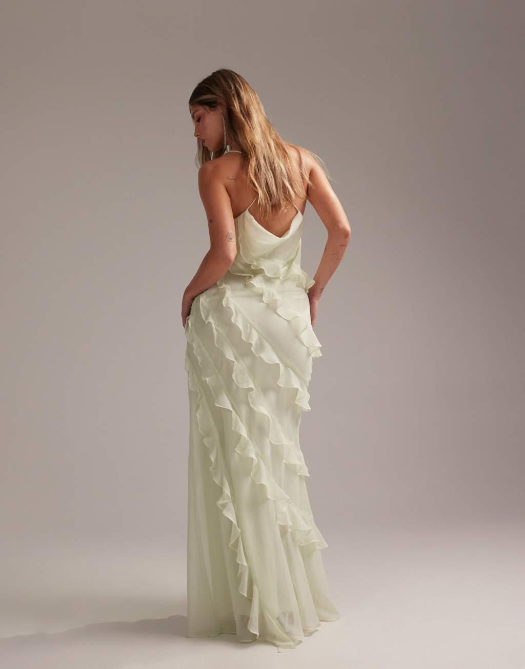 ASOS DESIGN Bridesmaids ruffle cami bias maxi dress in light green Product Image