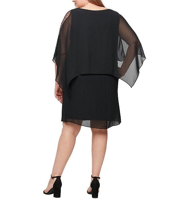 Ignite Evenings Plus Size Chiffon Embellished Scoop Neck 3/4 Sleeve Overlay Dress Product Image