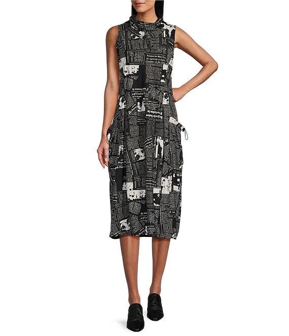 IC Collection Knit Newspaper Print Cowl Mock Neck Sleeveless Balloon Midi Dress Product Image