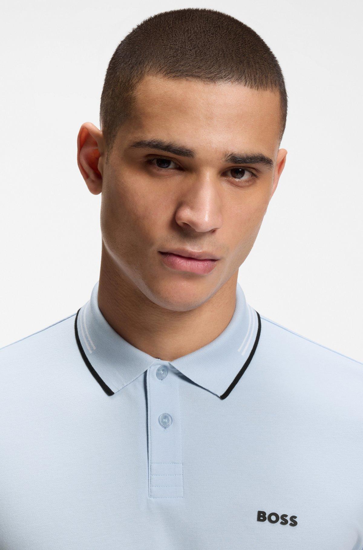 Stretch-cotton slim-fit polo shirt with branding and stripes Product Image