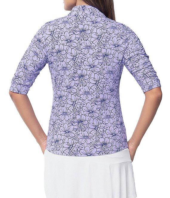IBKUL Diana Floral Print 1/4 Zip Mandarin Collar Ruched Elbow Sleeve Top Product Image