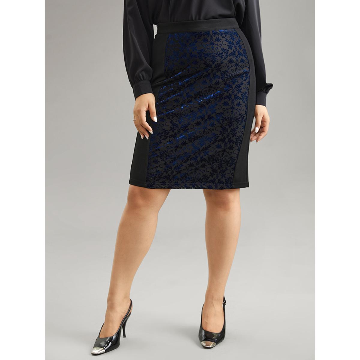 Plus Size Silhouette Floral Print Contrast Flocking Skirt Women Black Elegant Velvet Bodycon Medium stretch Everyday Skirts BloomChic 22-24/3X Product Image