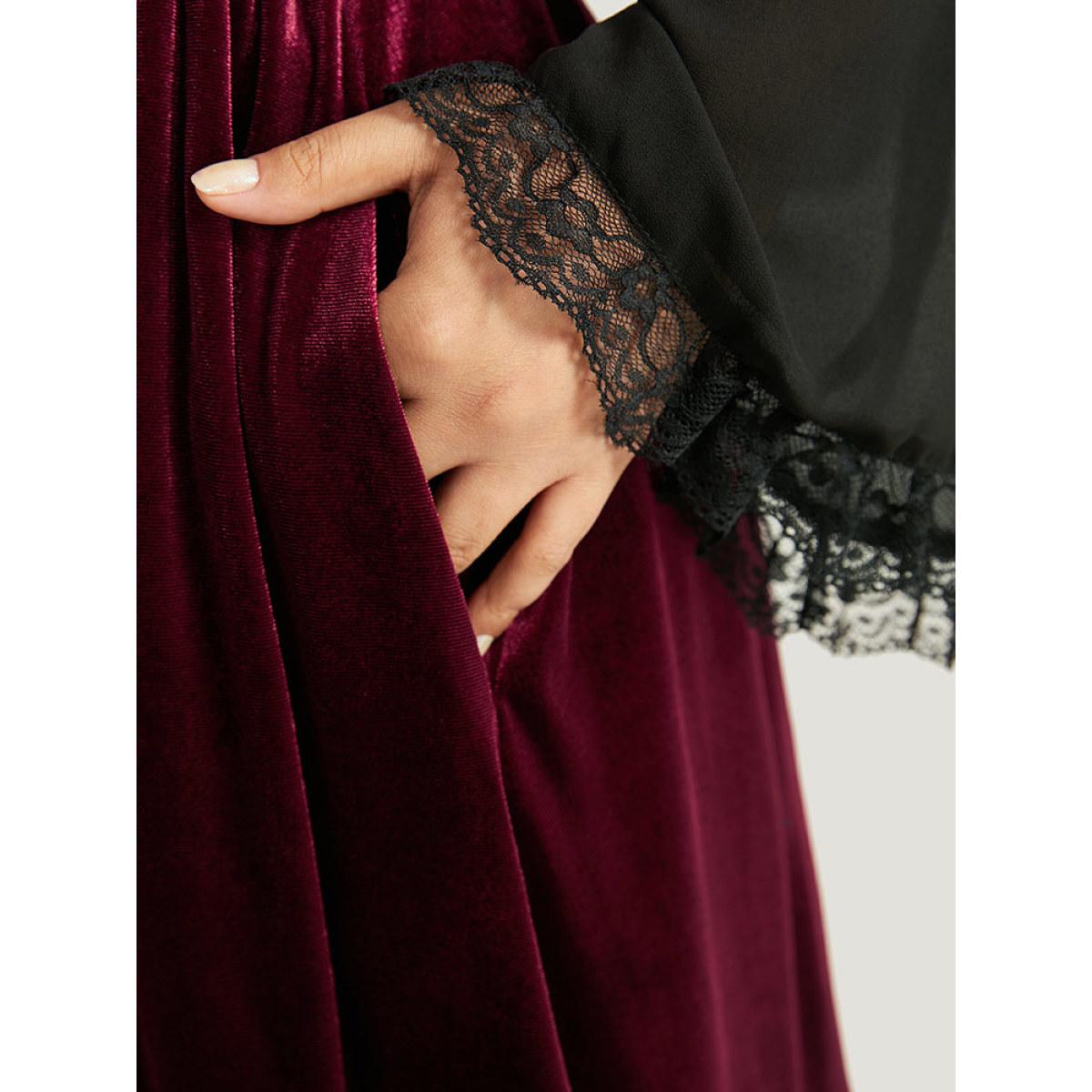 Plus Size Halloween Two Tone Velvet Ruched Lace Panel Bell Sleeve Dress Burgundy Women Elegant Gathered Square Neck Long Sleeve Curvy Midi Dress BloomChic 12/L Product Image