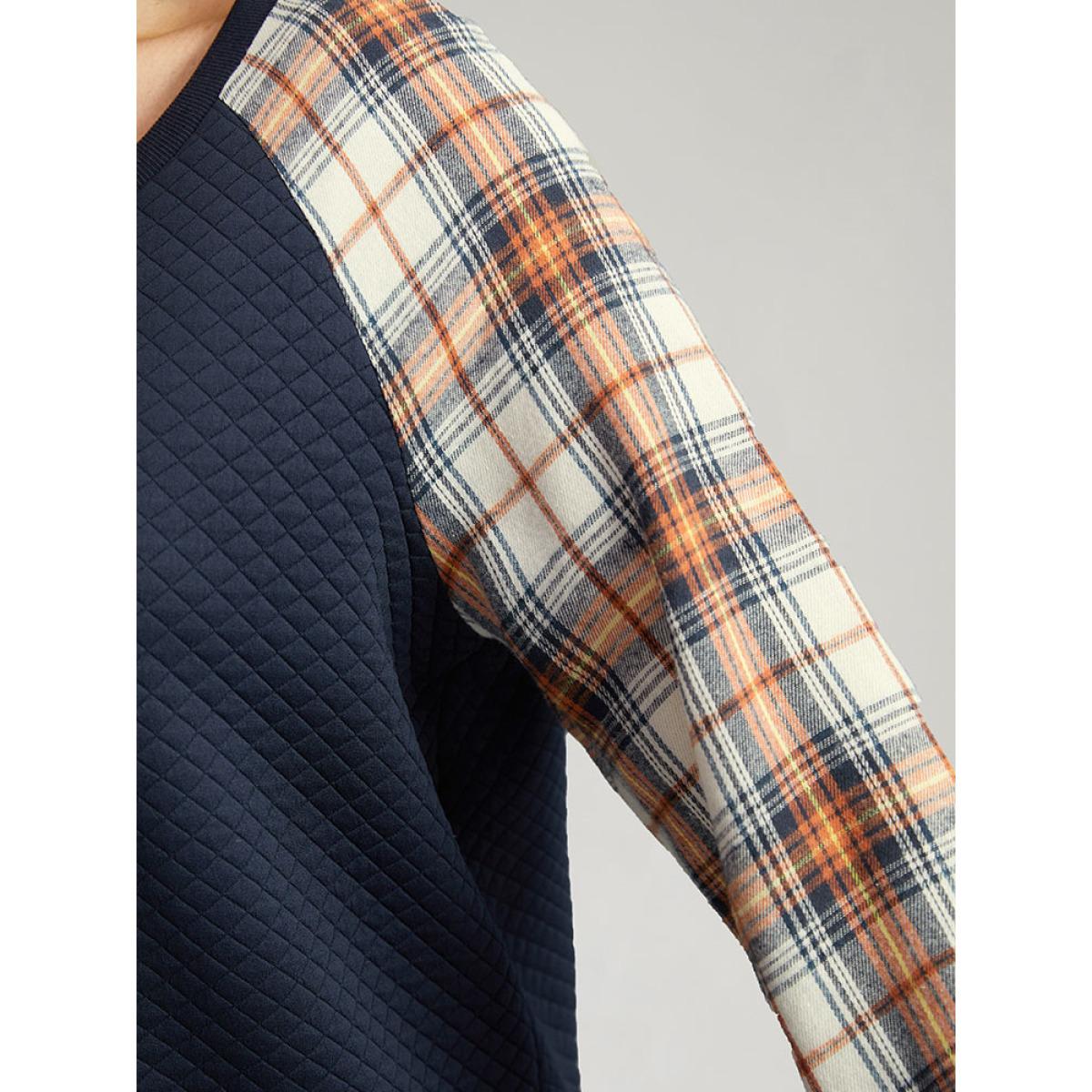 Plus Size Rib Knit Plaid Patchwork Raglan Sleeve Sweatshirt Women DarkBlue Casual Elastic cuffs Round Neck Festival-Christmas Sweatshirts BloomChic 22-24/3X Product Image