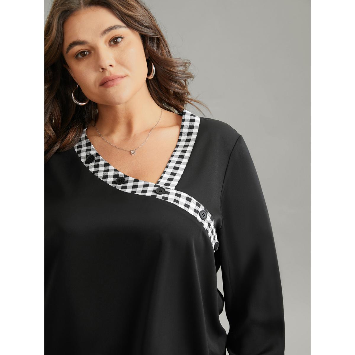 Plus Size Black Checkered Patchwork Asymmetrical Neck Button Detail Blouse Women Office Long Sleeve Asymmetrical Neck Office Blouses BloomChic 22-24/3X Product Image