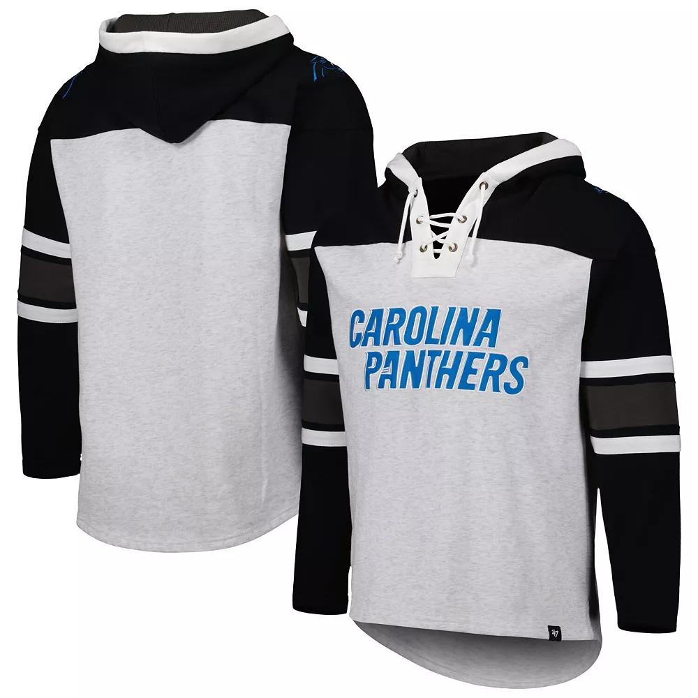 Men's '47 Carolina Panthers Heather Gray Gridiron Lace-Up Pullover Hoodie,  Product Image