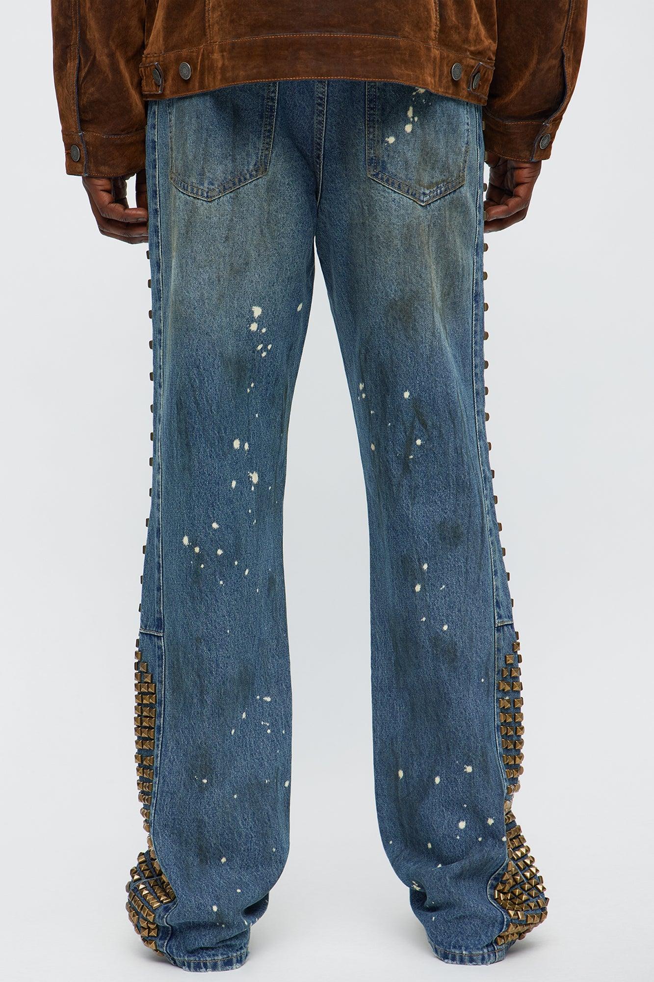Slim Flare Put Me On Distressed Studded Jeans - Medium Blue Wash Male Product Image