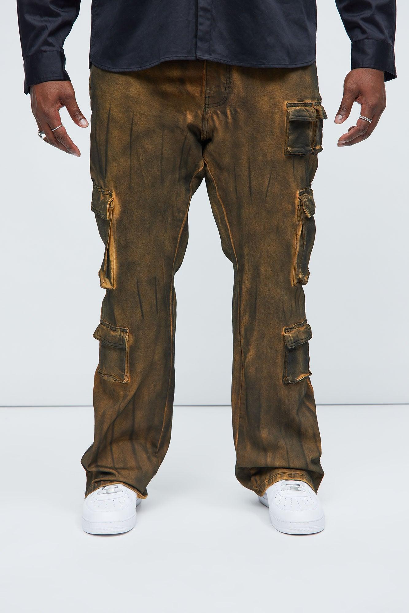 Pocket Me Cargo Stacked Skinny Zipper Flare Jeans - Brown Product Image