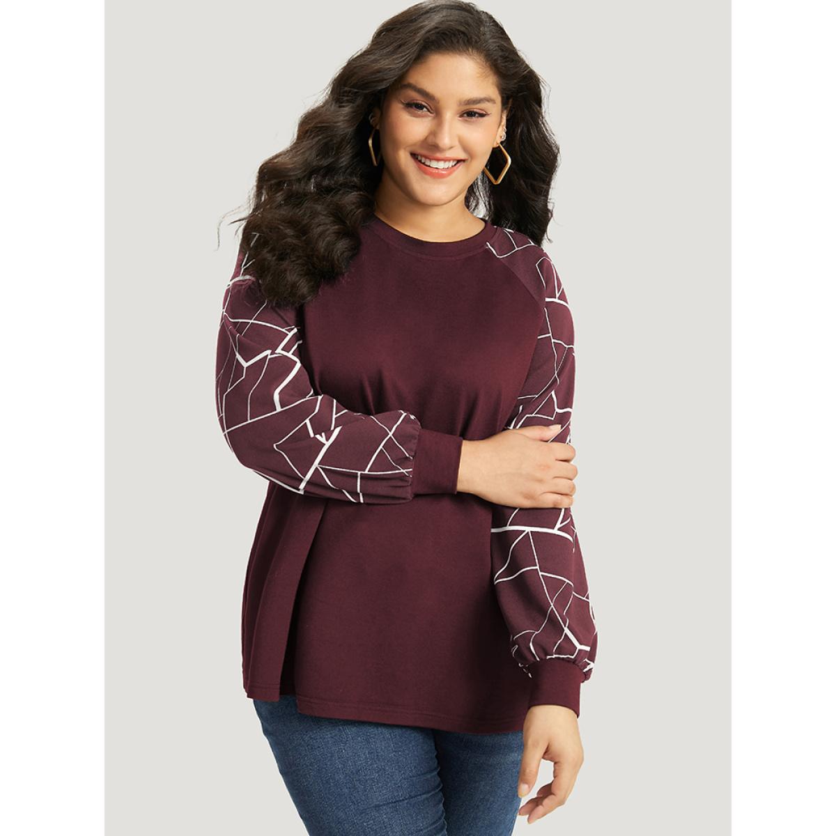 Plus Size Geometric Round Neck Raglan Sleeve Sweatshirt Women Burgundy Casual Elastic cuffs Round Neck Dailywear Sweatshirts BloomChic 12/L Product Image