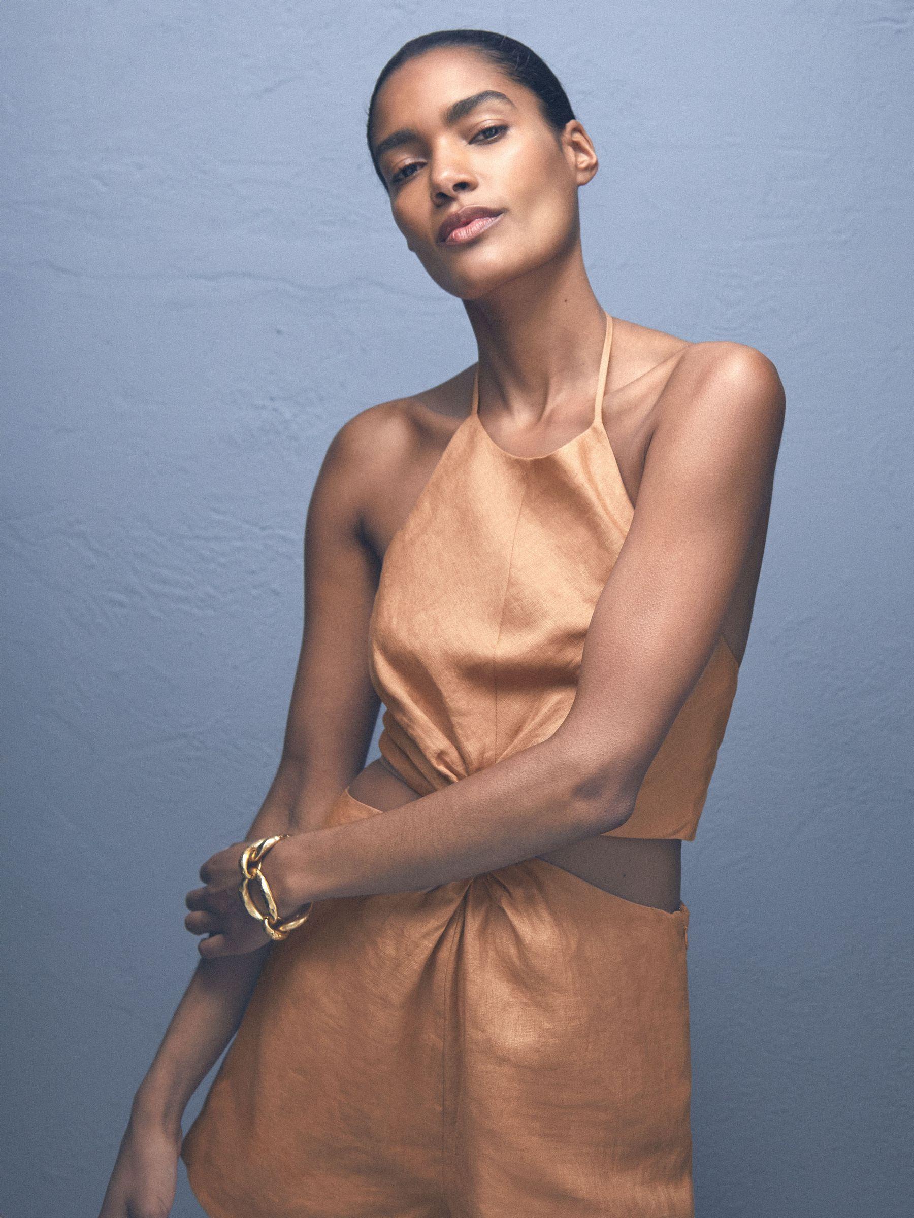 Linen Halterneck Cut Out Playsuit in Brown Product Image