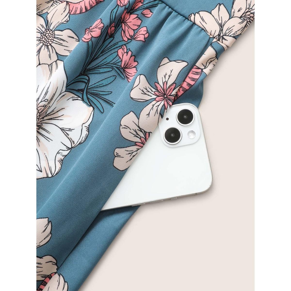 Plus Size Floral Frill Trim Shirred Pocket Square Neck Dress Stone Women Elegant Non Square Neck Short sleeve Curvy Midi Dress BloomChic 10/M Product Image