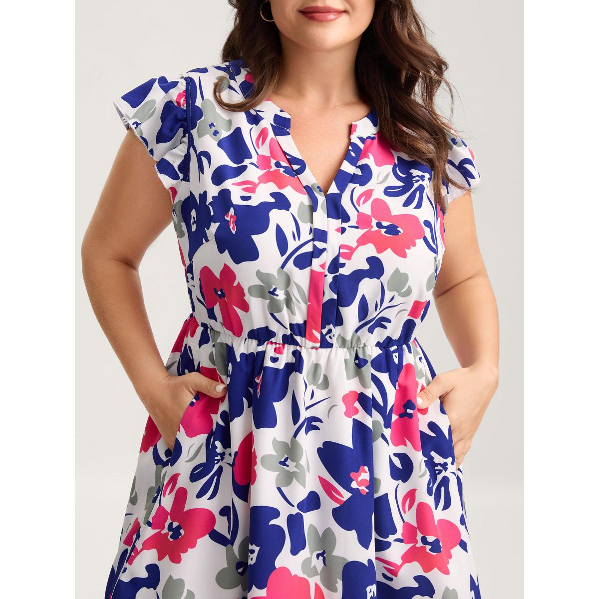 Plus Size Color Block Floral Print Notched Midi Dress Navy Women Romantic Flat collar with V-notch Cap Sleeve Curvy BloomChic 26/4X Product Image