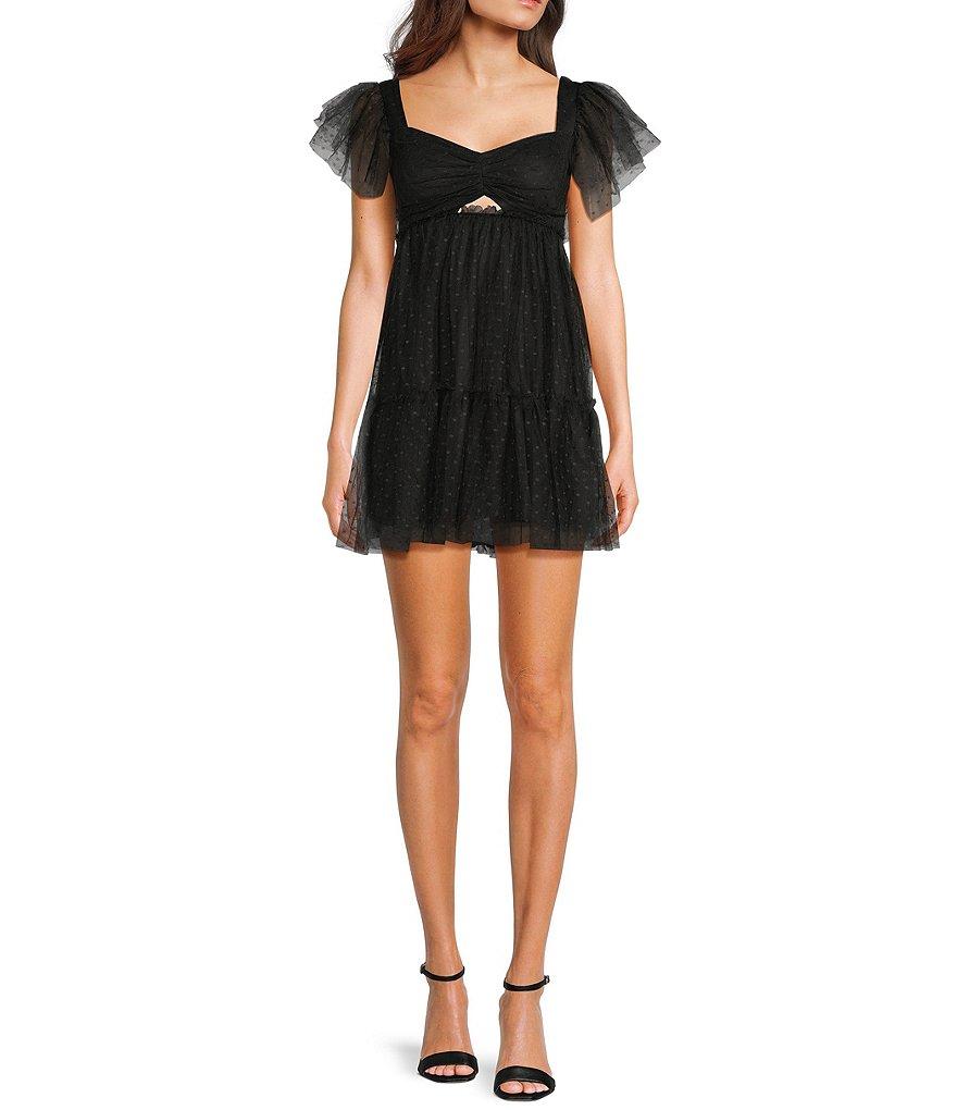 City Vibe Short Flutter Sleeve Tiered Ruched Front Bodice Dress Product Image