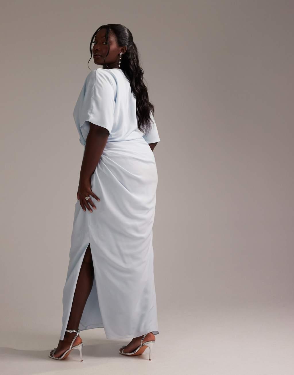 ASOS DESIGN Curve Bridesmaids slash neck crepe t-shirt sleeve minimal drape maxi dress in light blue Product Image