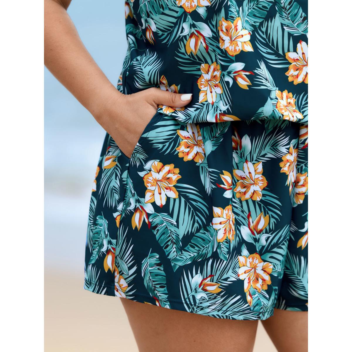 Plus Size Tropical Flower Print Pockets One-Piece Swimsuit Women's Swimwear Indigo Resort Gathered Curve Bathing Suits High stretch One Pieces BloomChic 22-24/3X Product Image