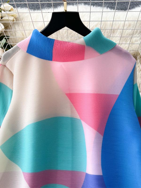 Flared Sleeves Loose Belted Contrast Color Pleated Midi Dresses Product Image