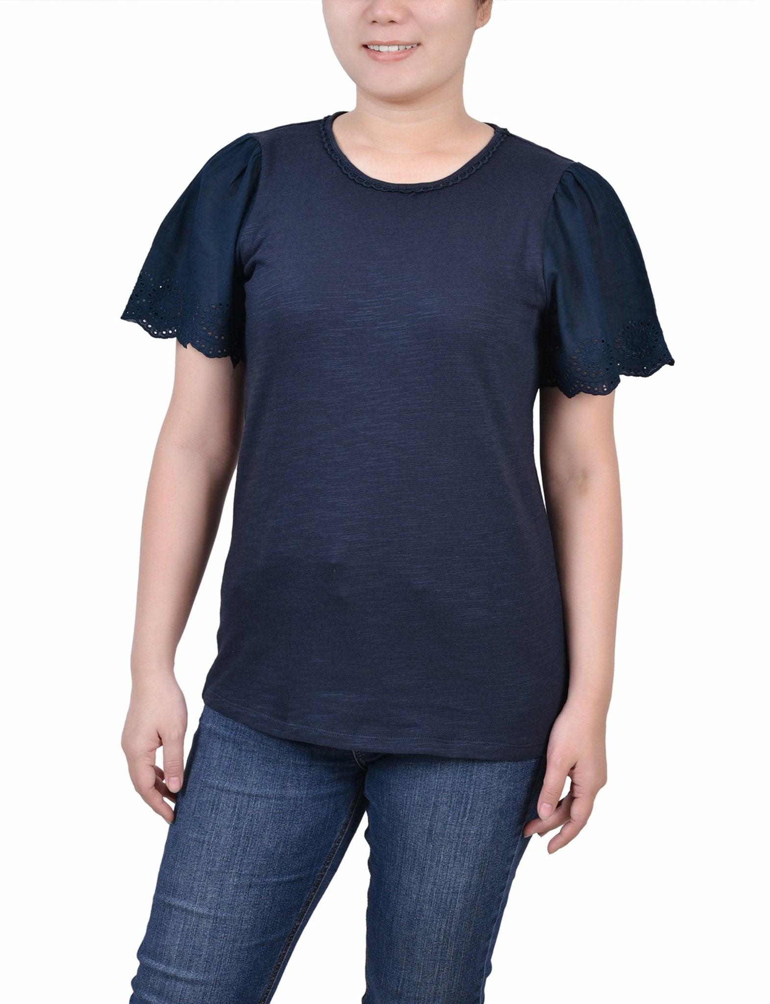 Midnight Navy Short Flutter Eyelet Sleeve Pullover Product Image