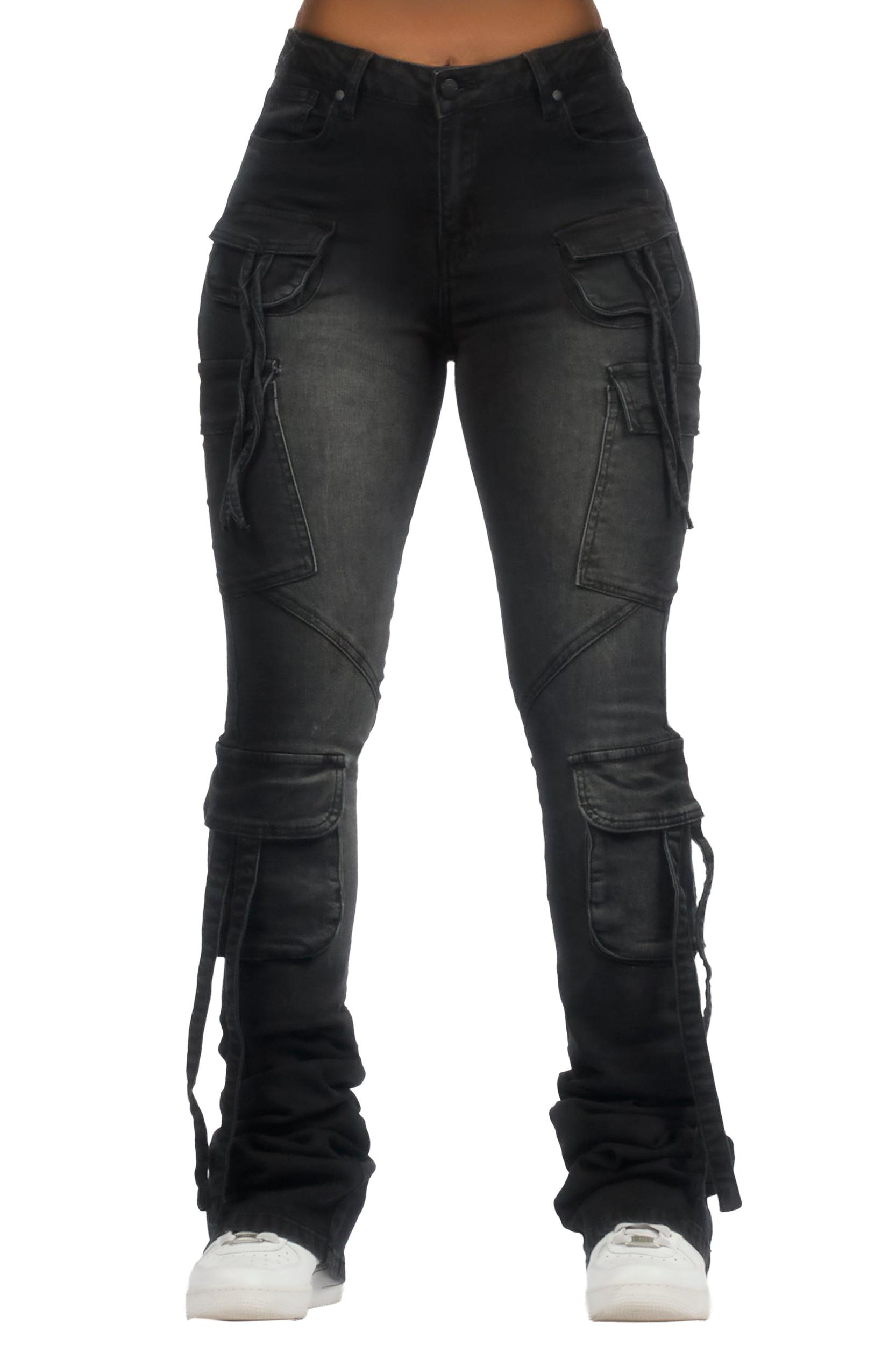 Rakesha Black Wash Cargo Super Stacked Jean Female Product Image