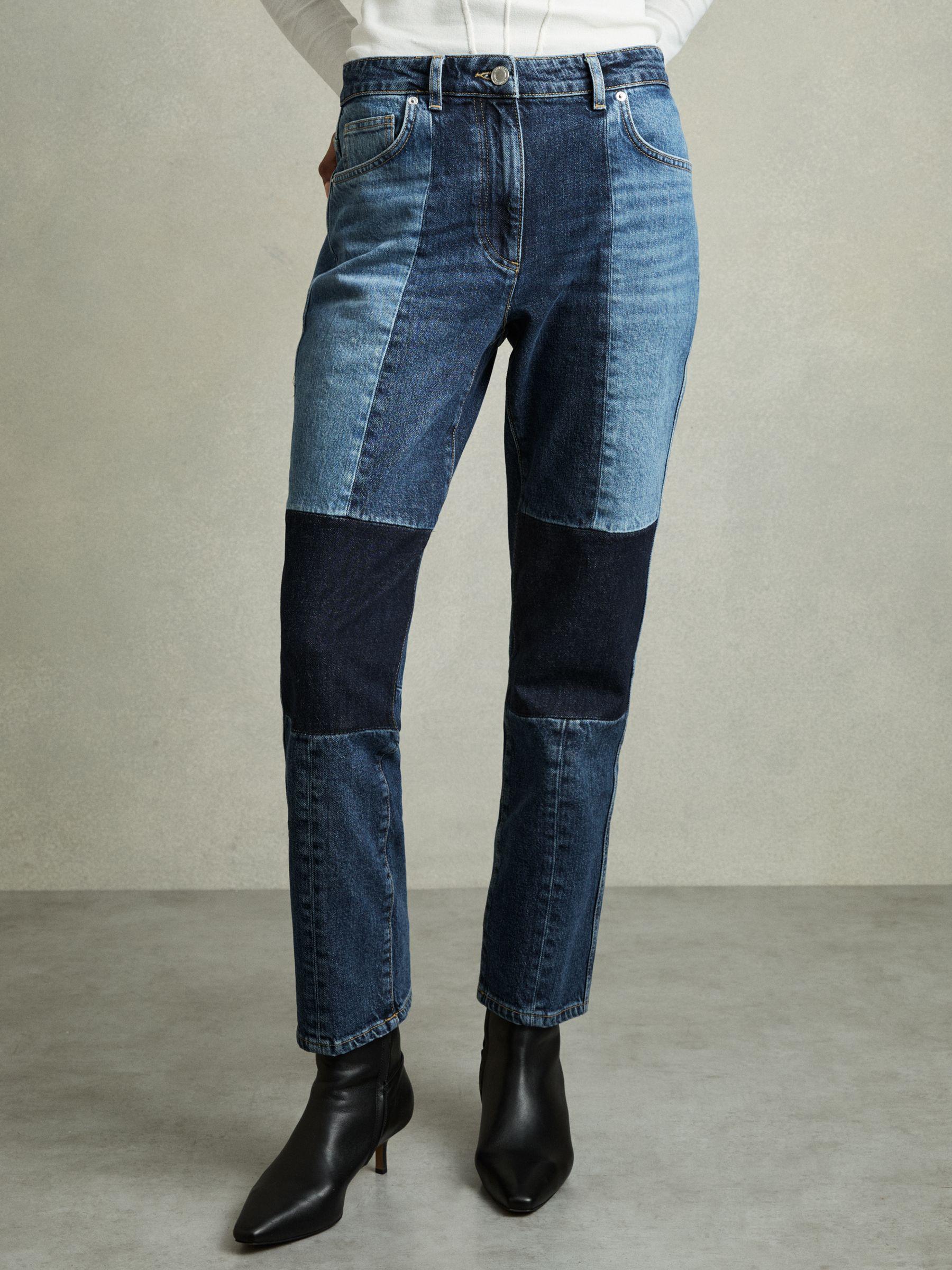 Petite Straight-Leg Patchwork Jeans in Mid Blue Product Image