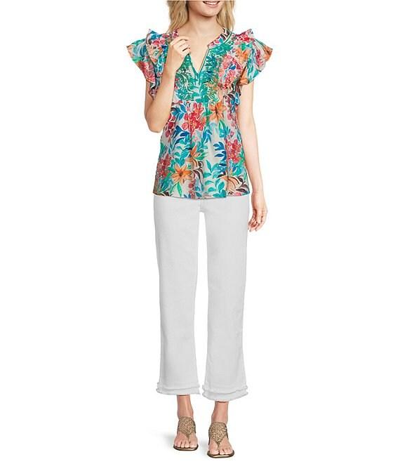 Calessa Italian Floral Split V-Neck Ruffle Cap Sleeve Top Product Image