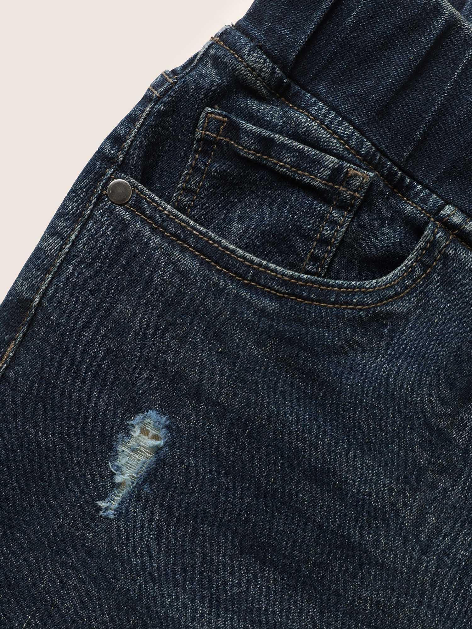 Dark Wash Distressed Roll Hem Denim Shorts Female Product Image