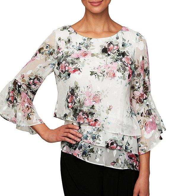 Alex Evenings Floral Print 3/4 Sleeve Tiered Hem Chiffon Blouse Product Image