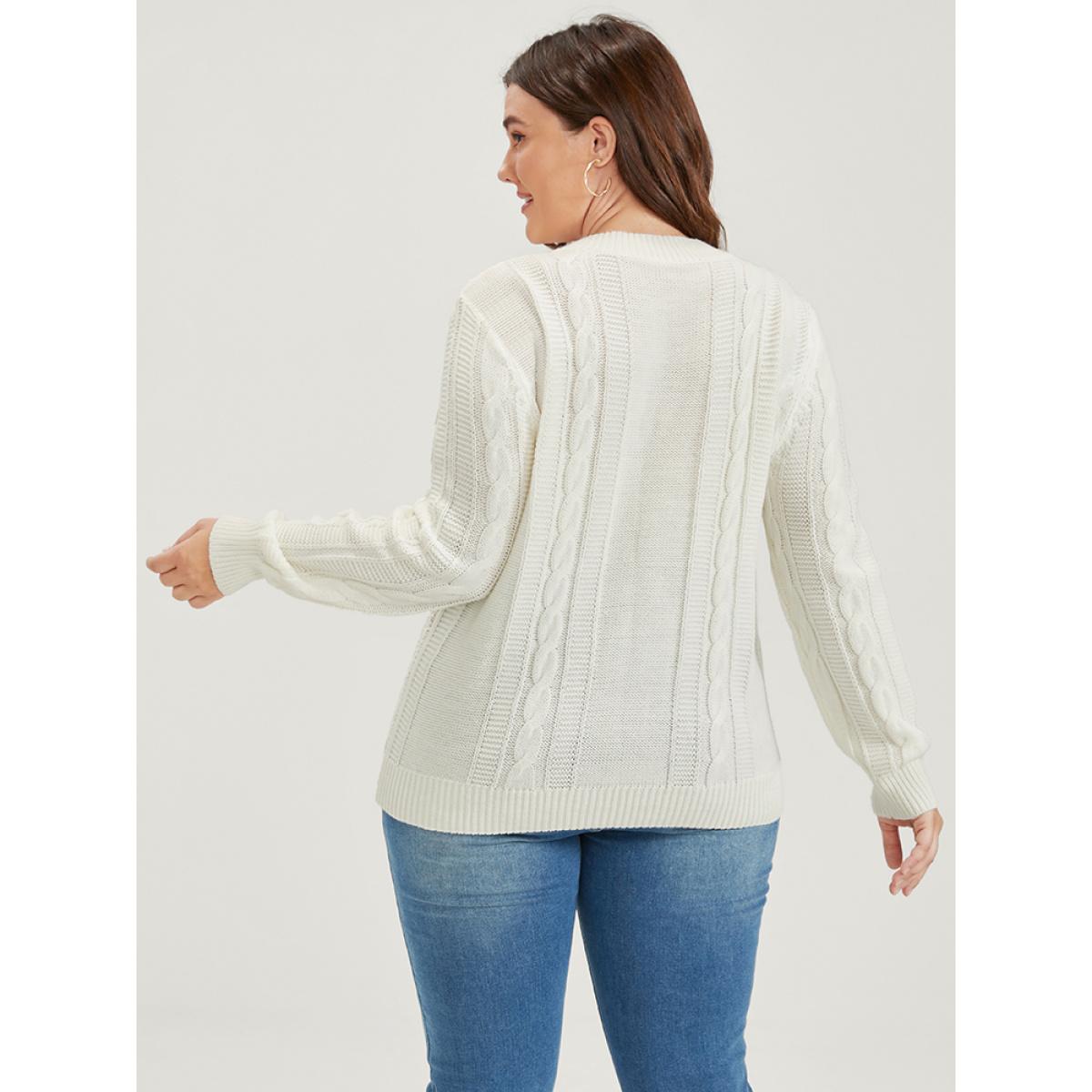 Plus Size Plain Pointelle Knit V Neck Cable Knit Lace Patchwork Knit Top White Women Elegant Loose Long Sleeve V-neck Dailywear Pullovers BloomChic 18-20/2X Product Image