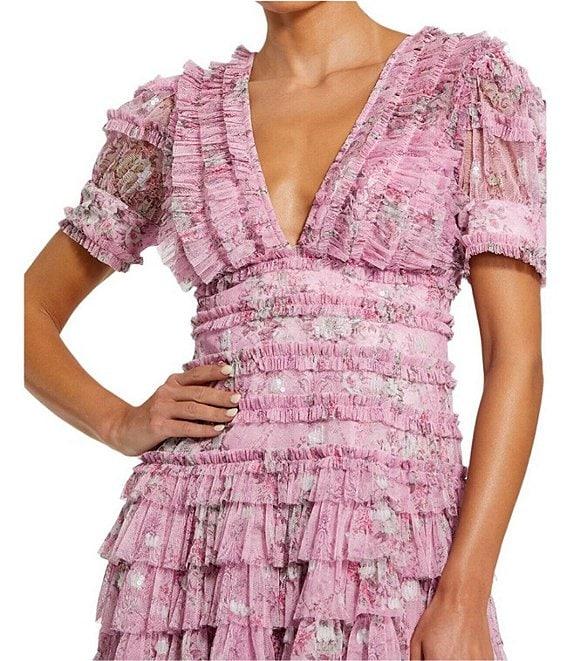 Mac Duggal Deep V Lace Back Puff Sleeve Ruffle Floral Chiffon Mini Dress Product Image