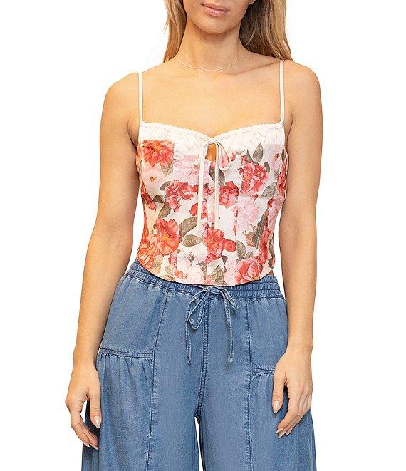 Stevie By Steve Madden Satin Floral Print Bustier Spaghetti Strap Top Product Image