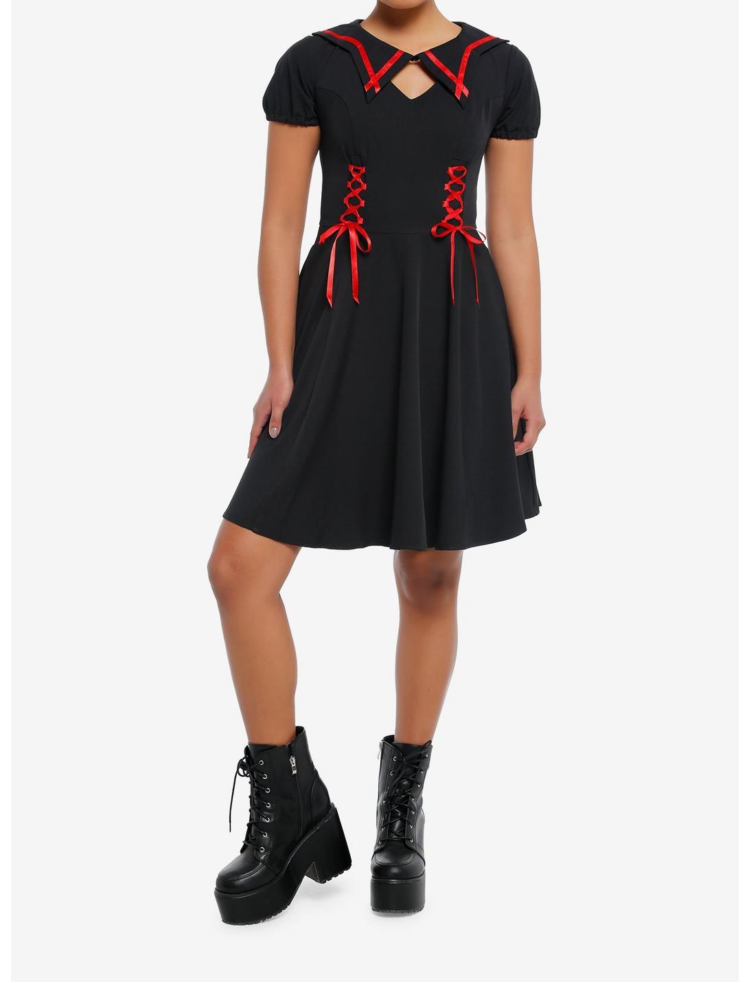 Black & Red Lace-Up Ribbon Skater Dress Product Image