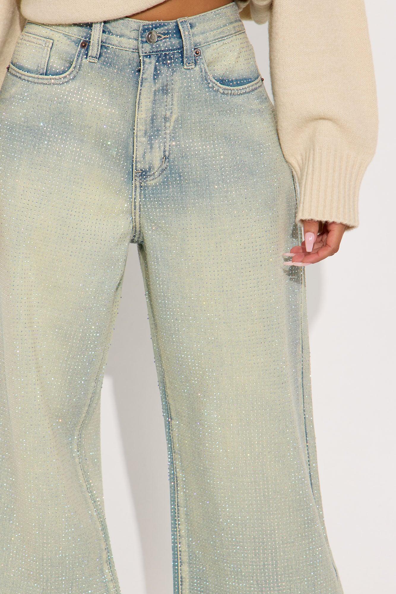 Shine Your Light Tinted Rhinestone Wide Leg Jean - Vintage Wash Female Product Image
