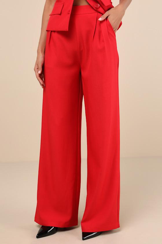 Anastasia Red Wide-Leg High-Rise Trouser Pants Product Image