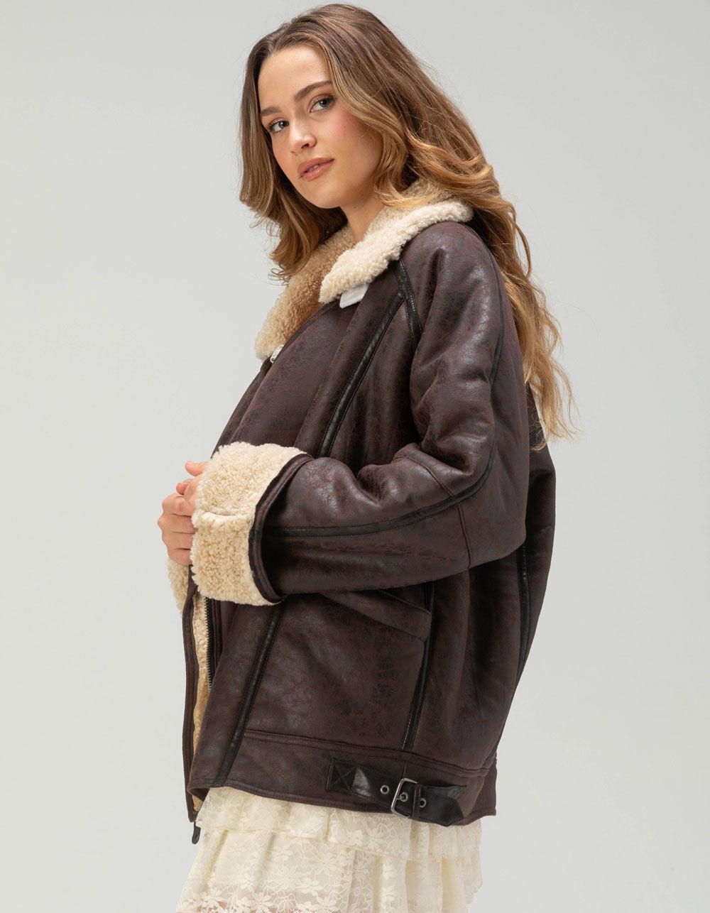 BDG Urban Outfitters Ella Faux Leather Womens Aviator Jacket - CHOCOLATE Product Image