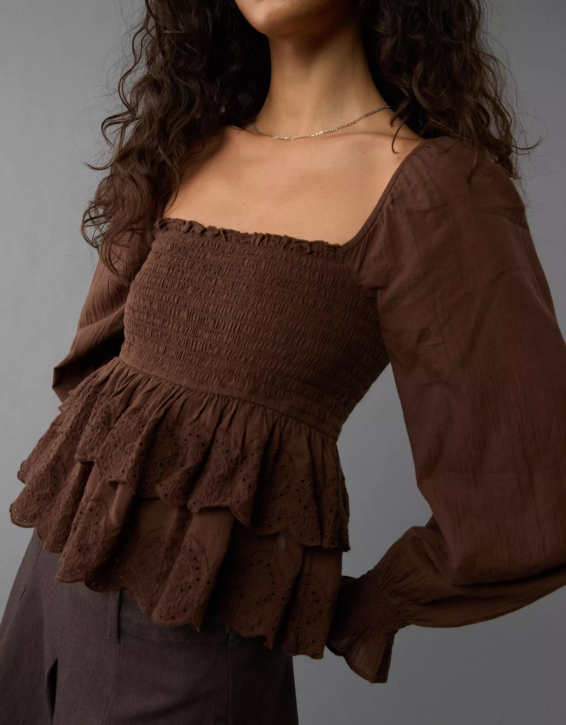 AE Long-Sleeve Smocked Tiered Top Product Image