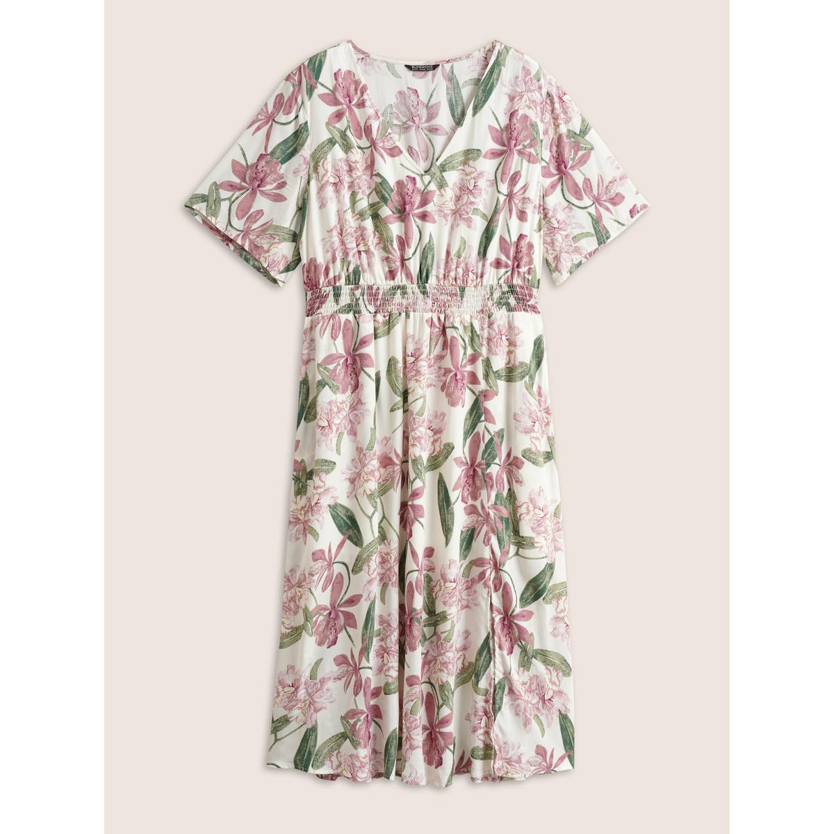 Plus Size Floral Print Elastic Waist Shirred Dress White Women Elegant Non V-neck Short sleeve Curvy Midi Dress BloomChic 10/M Product Image