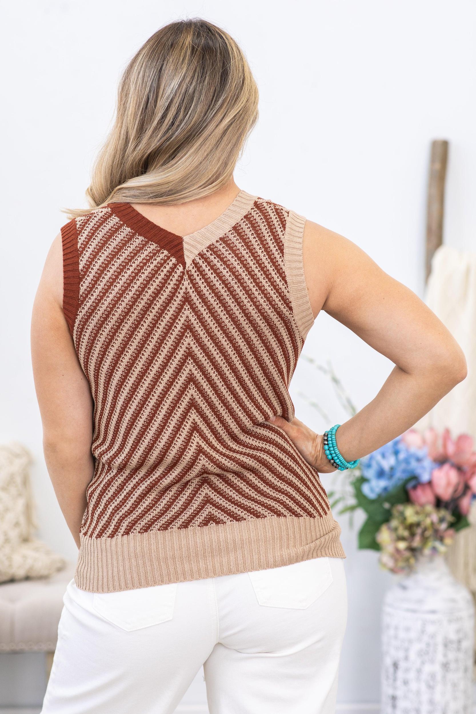 Tan Contrast Chevron V-Neck Knit Top Product Image