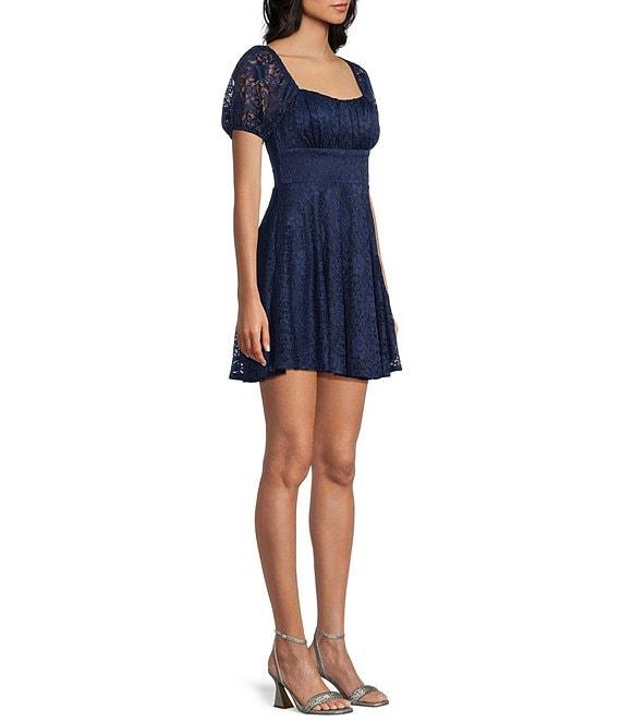 City Vibe Shirred Bodice Puff Bubble Sleeve Lace Mini Dress Product Image