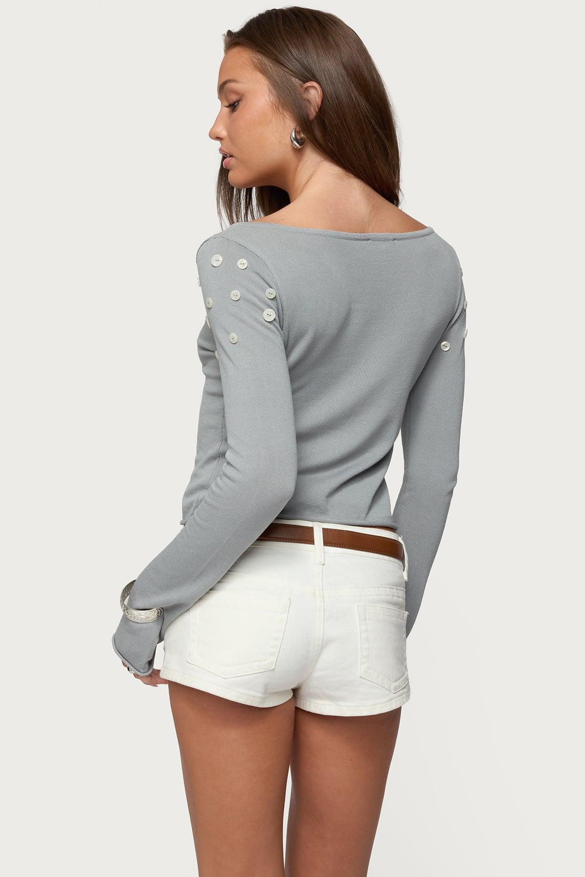 Iridescent Button Boat Neck Top Product Image
