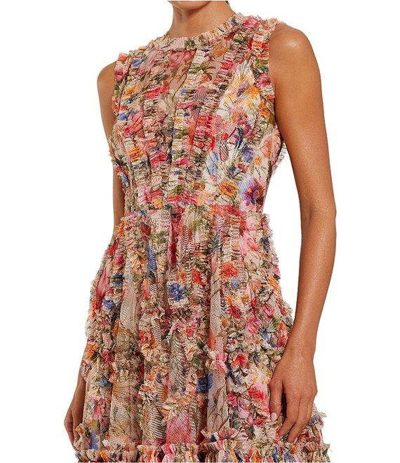 Mac Duggal Mesh Floral Print Crew Neck Sleeveless Micro Ruffle A-Line Mini Dress Product Image