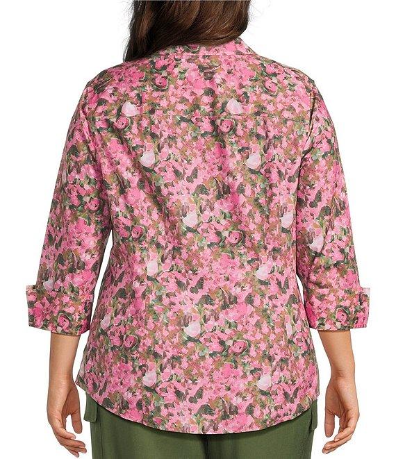 Investments Plus Size Taylor Gold Label Non-Iron Pink Floral Fields 3/4 Sleeve Button Front Shirt Product Image